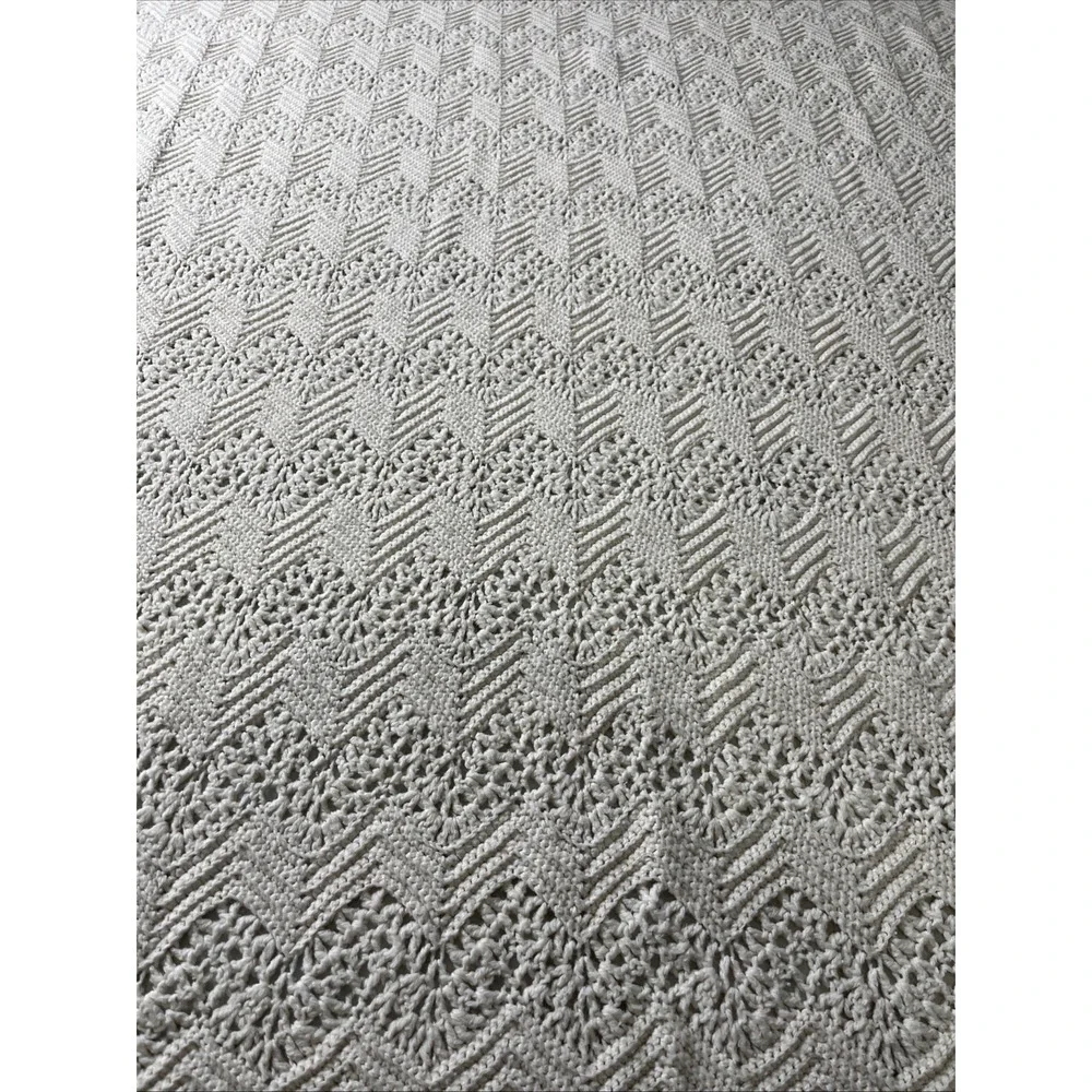 Vintage Off White Crochet Chevron Afghan Throw Blanket Handmade 61x40